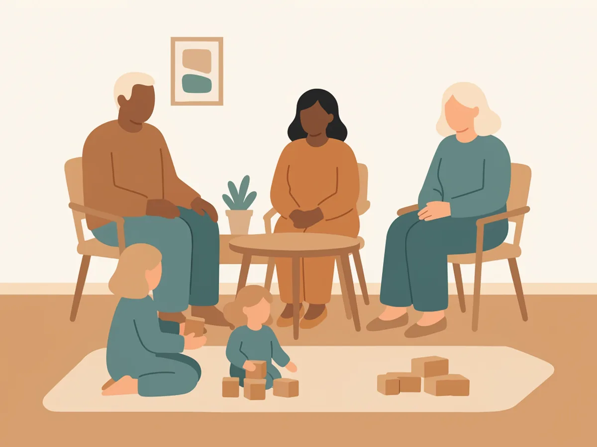 Illustration: Drei Erwachsene sitzen in Sesseln um einen kleinen runden Tisch, davor spielen zwei Kinder auf einem Teppich mit Holzklötzen.