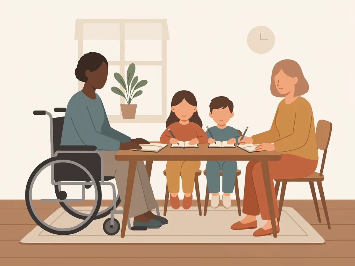 Illustration: An einem Esstisch sitzen zwei Kinder über aufgeschlagenen Heften, links eine erwachsene Person im Rollstuhl, rechts eine weitere Erwachsene.