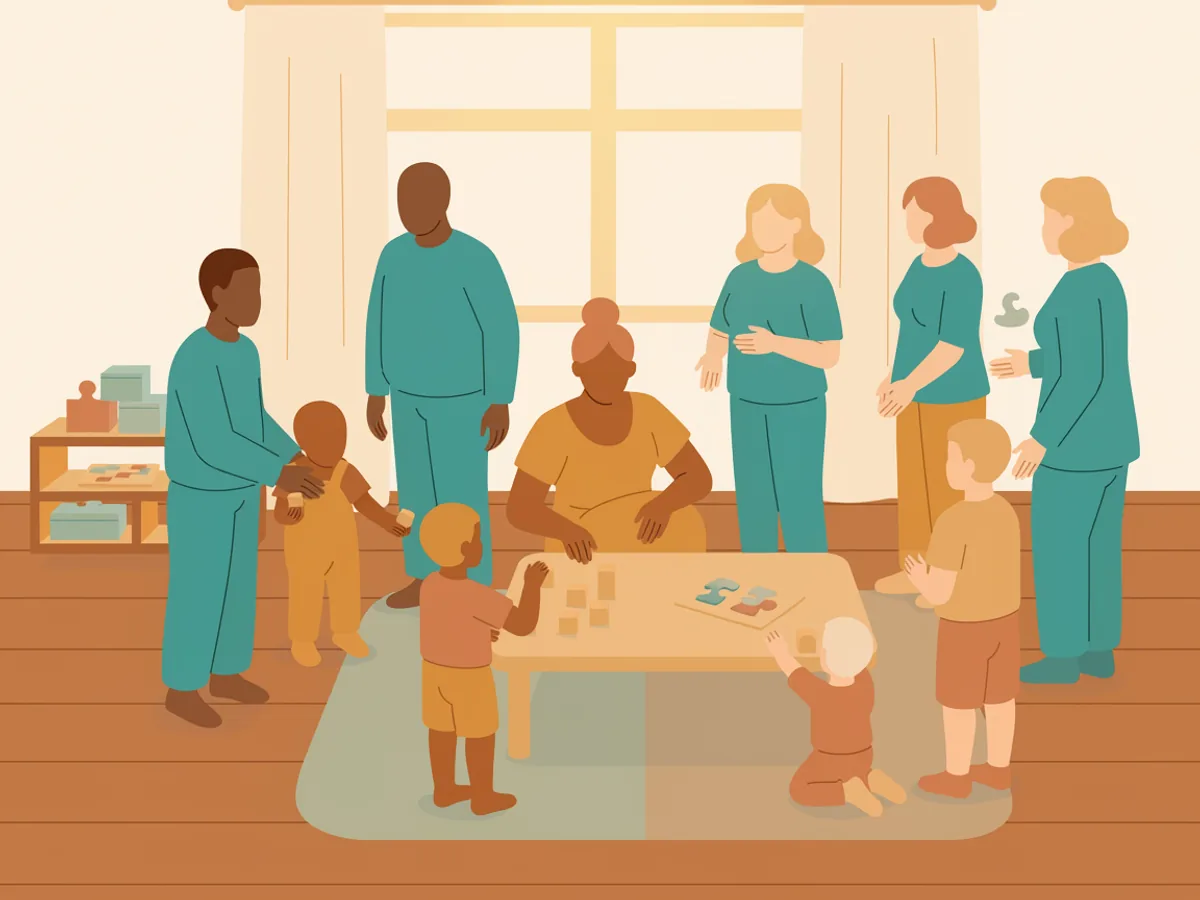 Illustration: In einem hellen Raum mit Spielregal und Vorhängen stehen und sitzen mehrere Erwachsene und Kinder um einen niedrigen Tisch mit Bauklötzen und einem Puzzle.